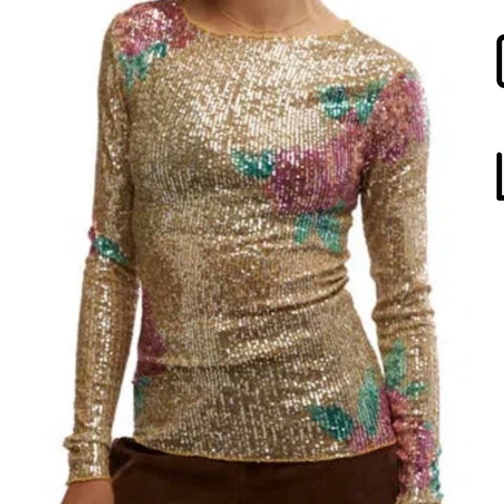 Free People NWT Sequin Floral Long Sleeve Top